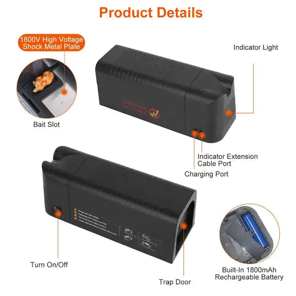 Electric Rat Trap Reusable Mice Trap Rodent Zapper Indoor Pest Control Rechargeable Shock Mice Killer With 1800V High Voltage For Home