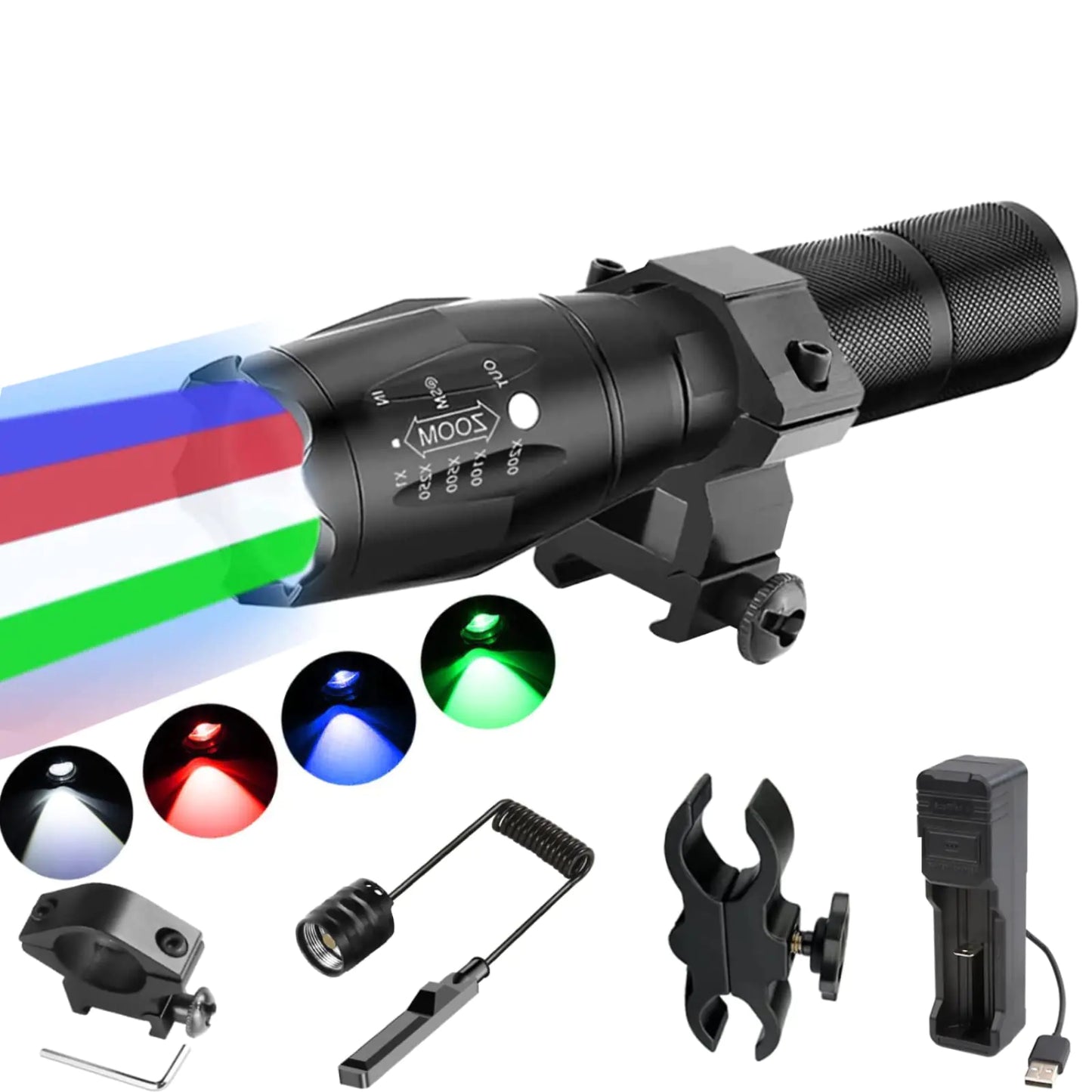 4 Color in 1 RGBW Lights LED Hunting FlashlighsTactical Flash Light with Universal Picatinny Rail Mount 1500 Lumen Predator Lights with Interchangeable Remote Pressure Switch for Night Hunting