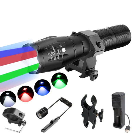 4 Color in 1 RGBW Lights LED Hunting FlashlighsTactical Flash Light with Universal Picatinny Rail Mount 1500 Lumen Predator Lights with Interchangeable Remote Pressure Switch for Night Hunting