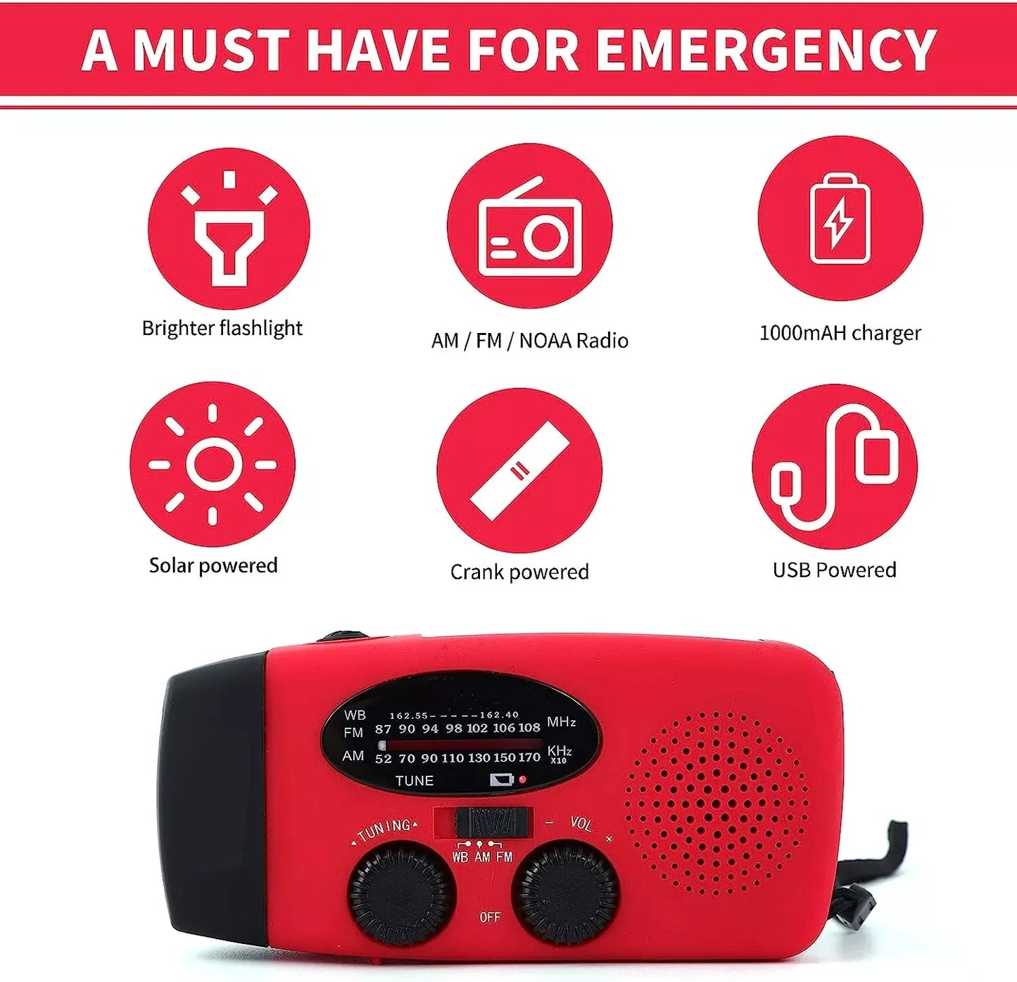 Emergency  Radio Crank Solar Hand Weather 1000mAh Power Bank Charger Flash Light
