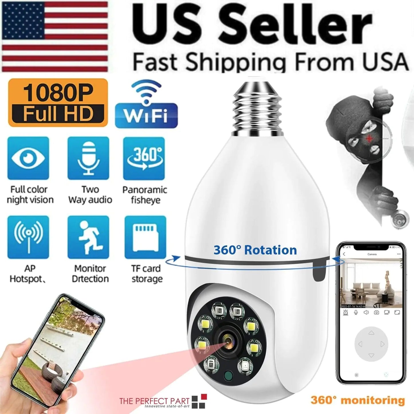 360° 1080P Light Bulb Camera Wi-Fi Smart Home Camera